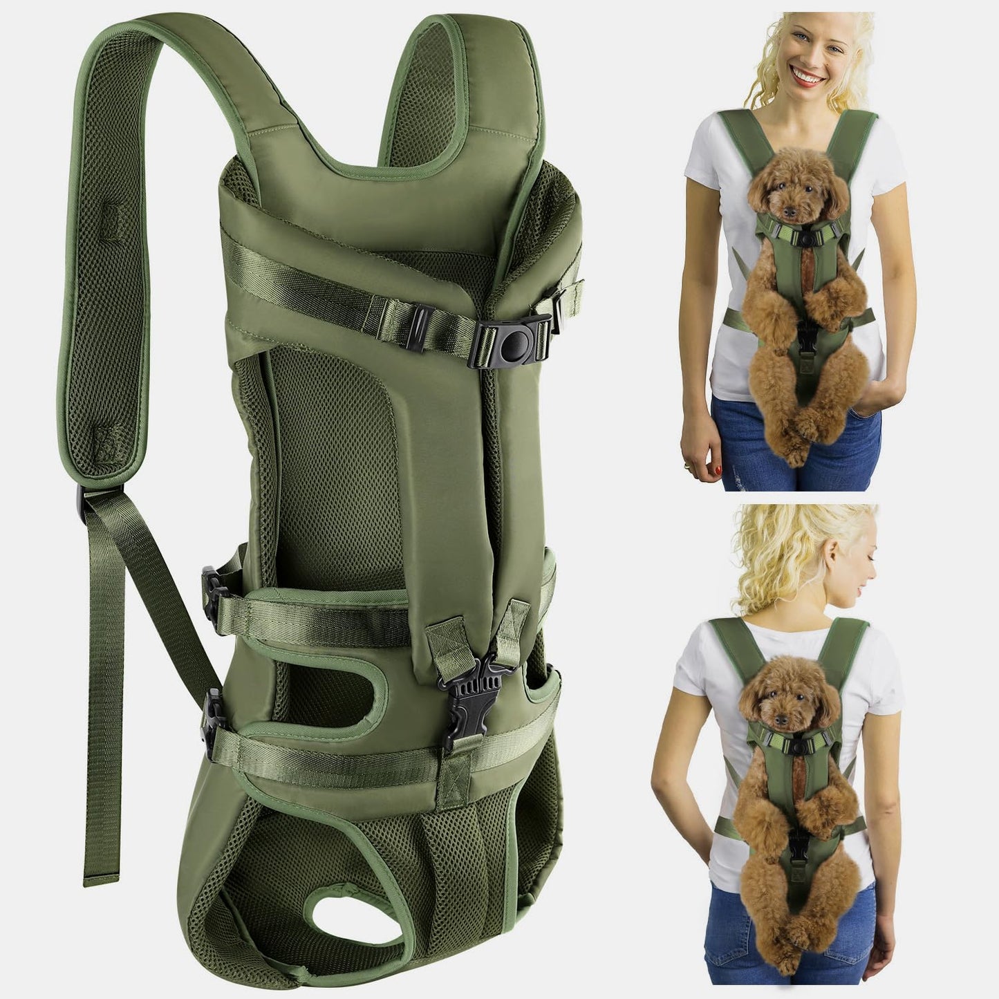 Lukovee Dog Backpack Carrier Legs Out Easy-fit Dog Front Carrier for Small Medium Dogs Adjustable Hands Free Dog Chest Carrier for Hiking Cycling (GreenX-Large)